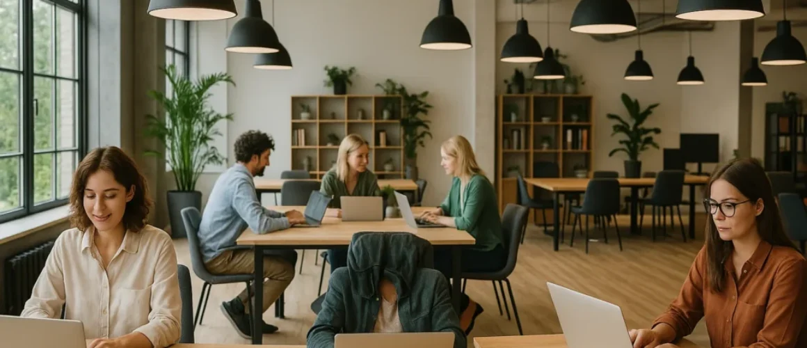 Medarbejdere arbejder ved bærbare computere på en moderne arbejdsplads med fællesområder og grønne planter.